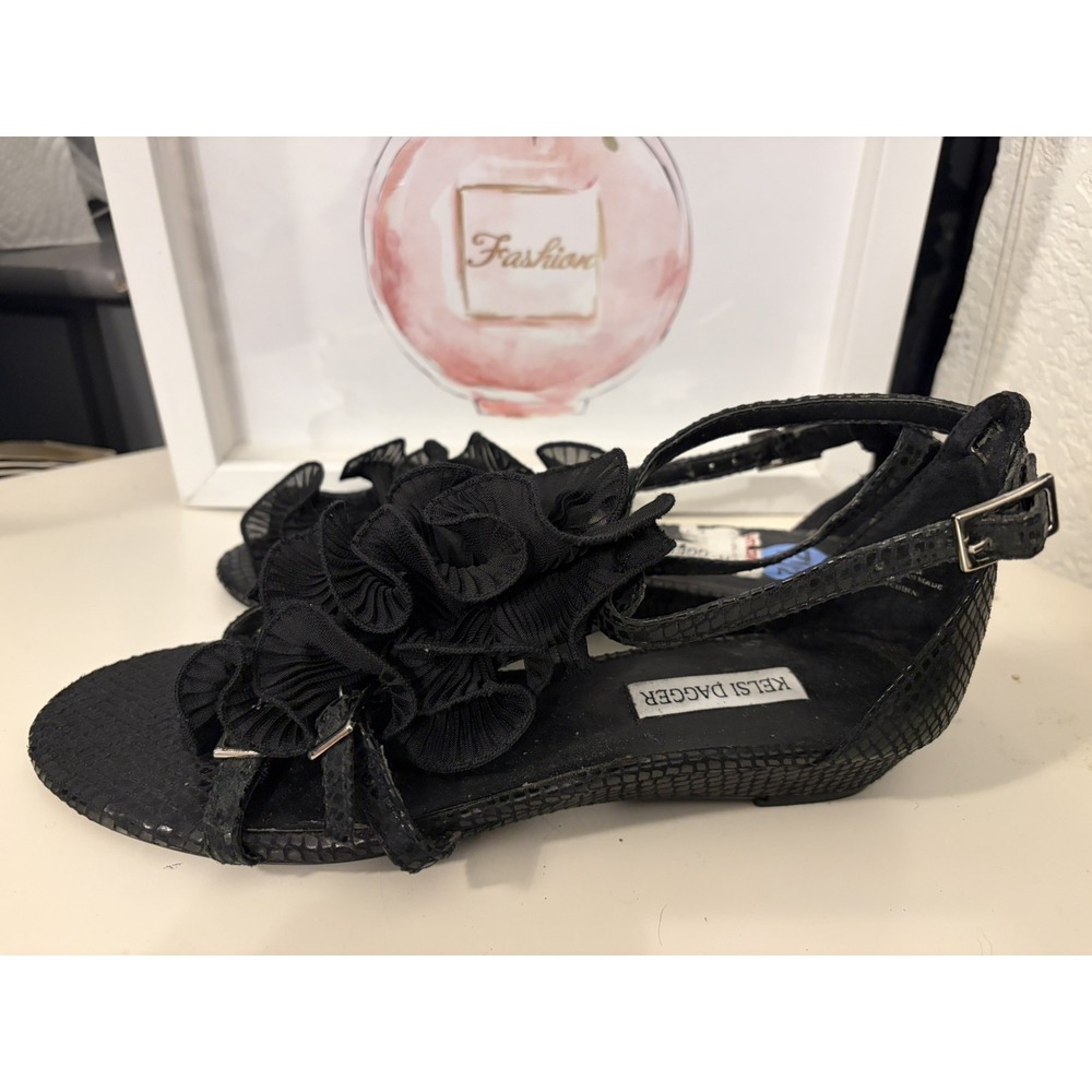 Kelsi Dagger Monaco Black Sandals Snake Print Ruffle Wedge 7.5 Adjustable Straps